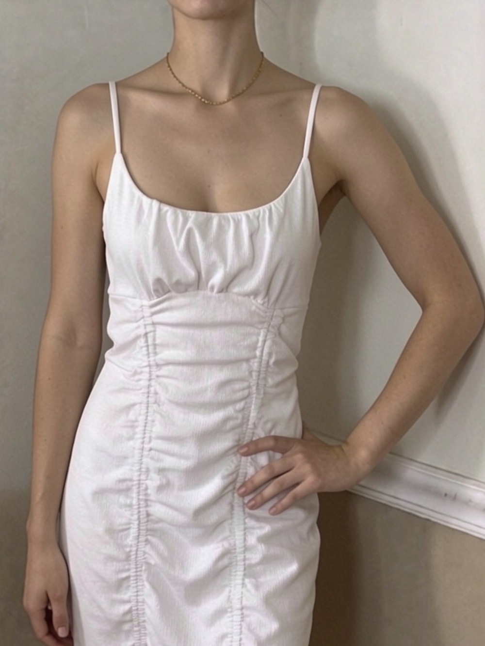 ❤️ 5 for $20! Fashion Nova Cream Ruched Slip Dress with Thin Straps